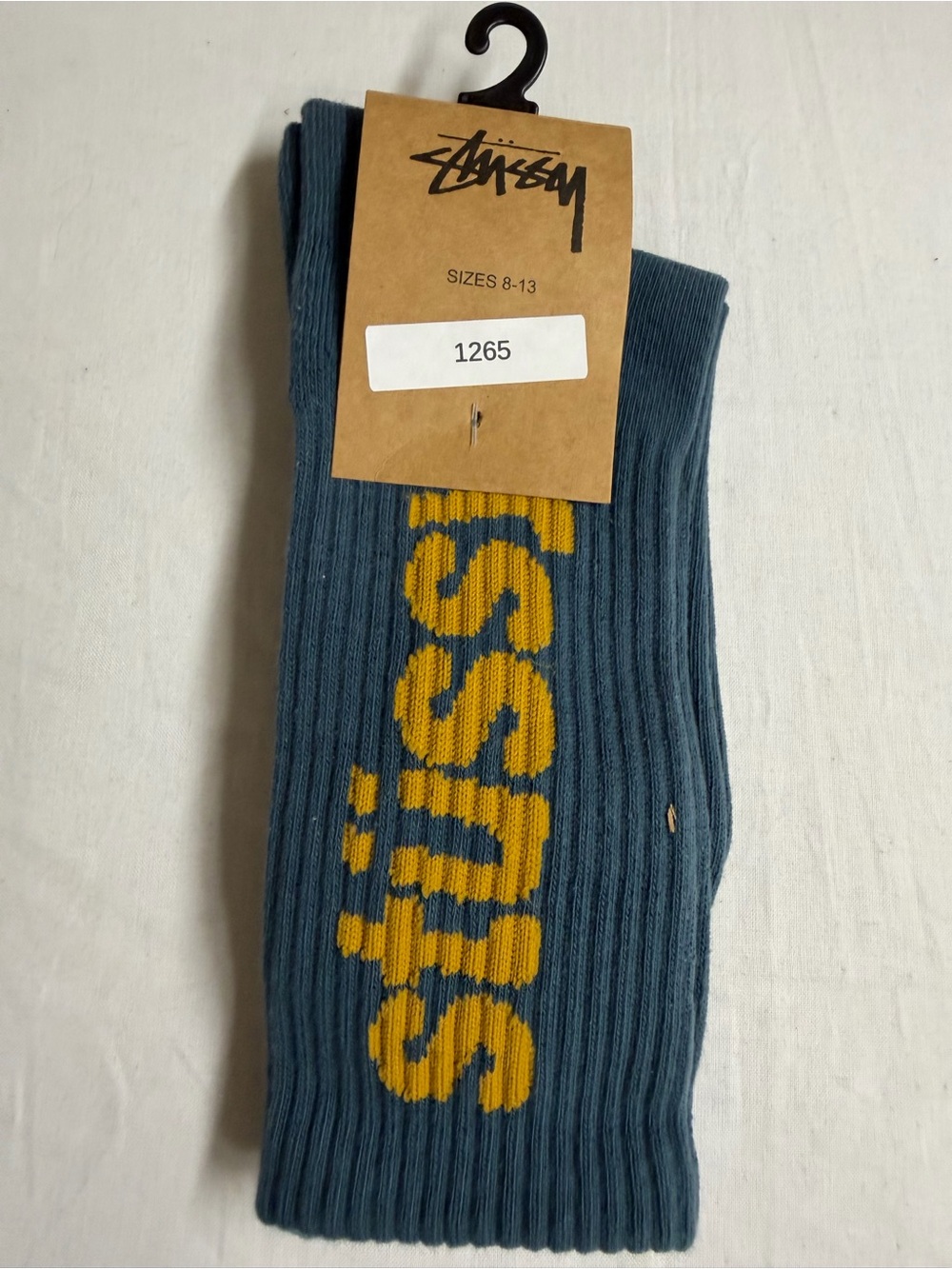 Stussy Men's Ribbed Crew Socks in Teal with Yellow Logo
